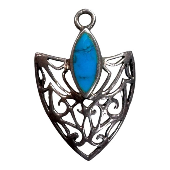 Vintage Artisan Turquoise Butterfly Wing Pendant Handcrafted Silver Filigree - Picture 1 of 6